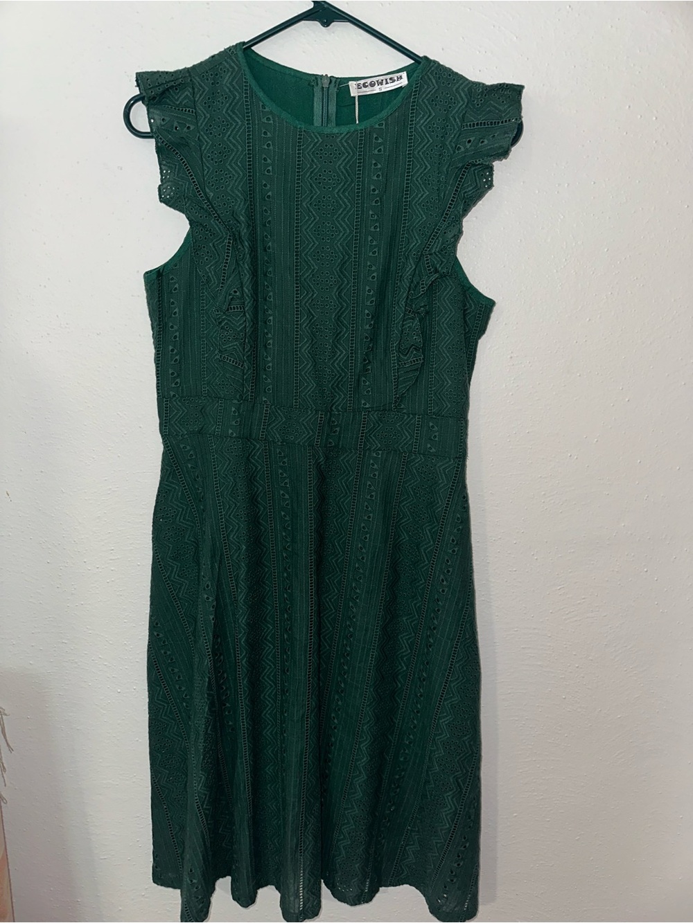 Wish Dark Green Lace Midi Dress with Ruffle Cap Sleeves